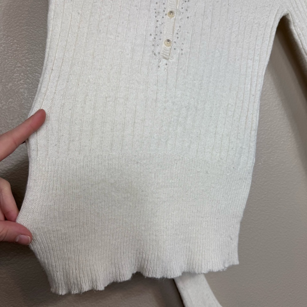 Y2K Abercrombie Babydoll Henley Angora Long Sleeve Top‎ Beaded Ribbed Sweater D - Picture 5 of 13